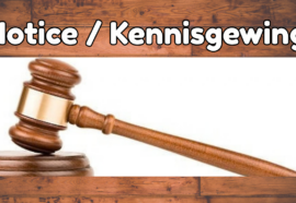 KENNISGEWING VAN VOORGENOME VERKOOP EN OORDRAG VAN BESIGHEID